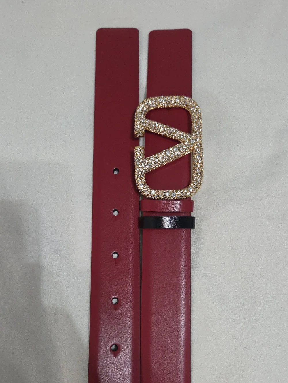 Valentino Garavani Red Black Belt with Gold Crystal Buckle